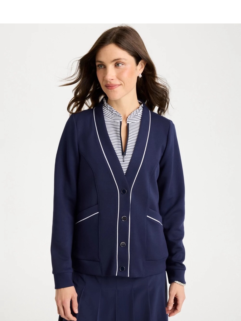 Chico's Soft Pique Cardigan Navy with White Piping